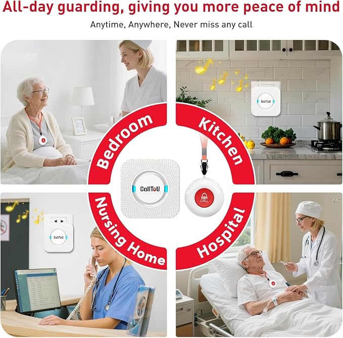 CallToU Caregiver Pager Wireless Call Button Nurse Alert System 500+ Feet for Home/Elderly/Patient/Disabled 1 Plugin Receiver 3 Waterproof Transmitters