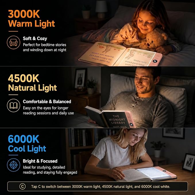 30 LED Book Light for Reading at Night in Bed, Rechargeable Book Page Light, 3 Color Temperatures, Stepless Dimming, 1-99 Min Timer, 2-in-1 Reading Light Light & Night Light, Gift for Readers Pink