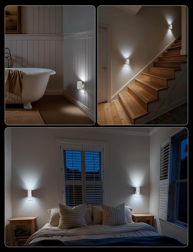 Brightown 2 Pack White Night Lights with Rotating Plug, Pure White | Modern Night Light with Rotating Plug, Dusk to Dawn Sensor, 0-100LM Stepless Dimming Night Light for Hallway Bedroom Bathroom