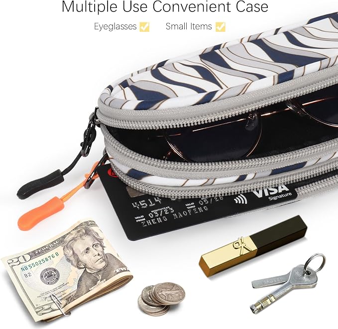 Double Eyeglasses Case Soft Portable Zipper Sunglasses Pouch with Keychain Clip for Men Women