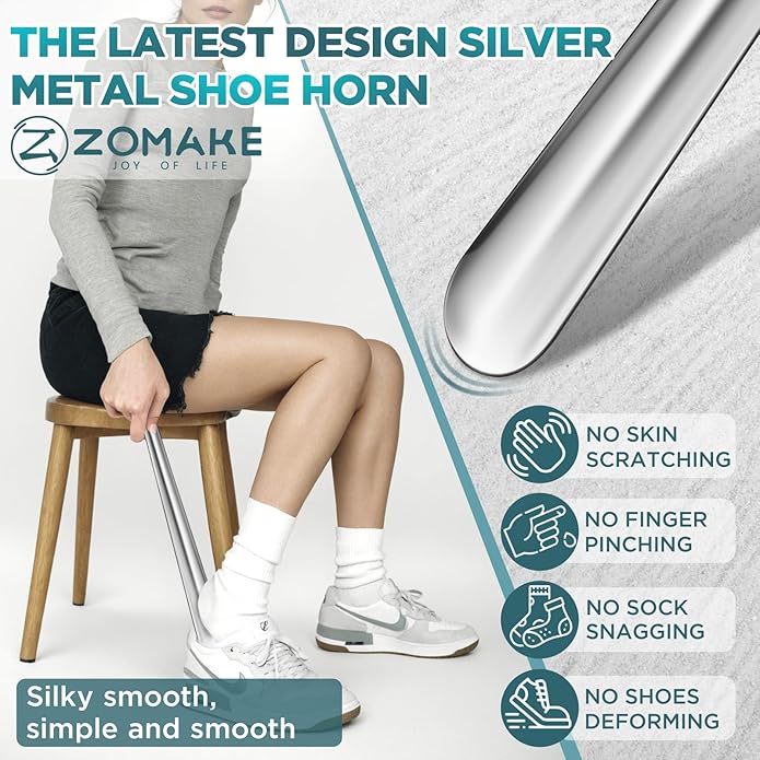 ZOMAKE Metal Shoe Horn Long Handle for Seniors 16.5 Inch,Long Shoehorn Stainless Steel Shoe Spoon Shoe Helper for Men Women