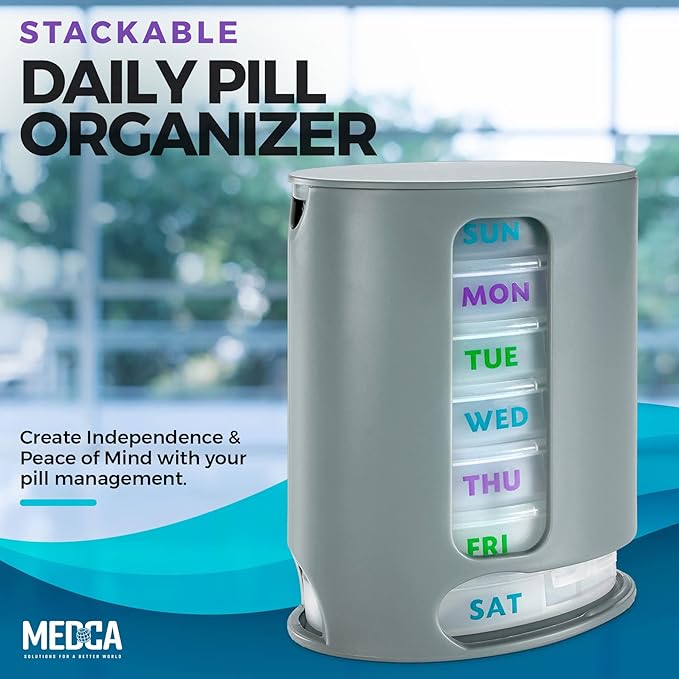 MEDca Weekly Pill Organizer, Pack of 2 Dispensers, 7 Stackable Compartments Four Times-a-Day - Morning, Noon, Evening, and Bedtime, Grey