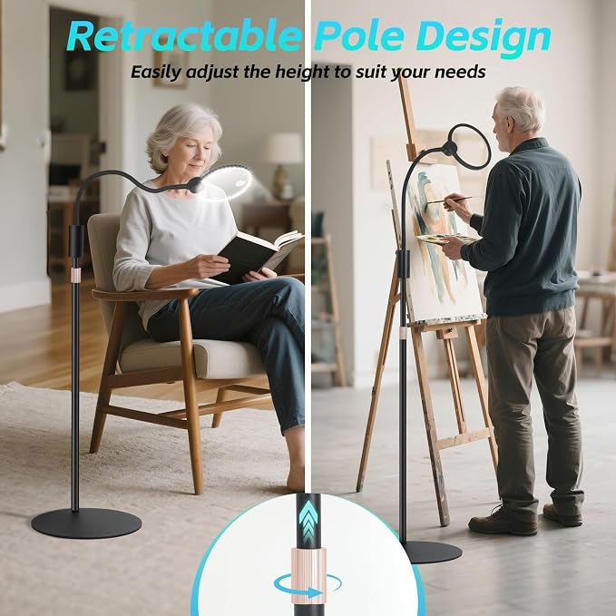 10X Floor Magnifying Glass with Light and Stand with Glass Lens, Magnifying Floor Lamp with Light Adjustable Height, 3 Color Modes, 360° Flexible Gooseneck Hands Free Magnifier for Close Work