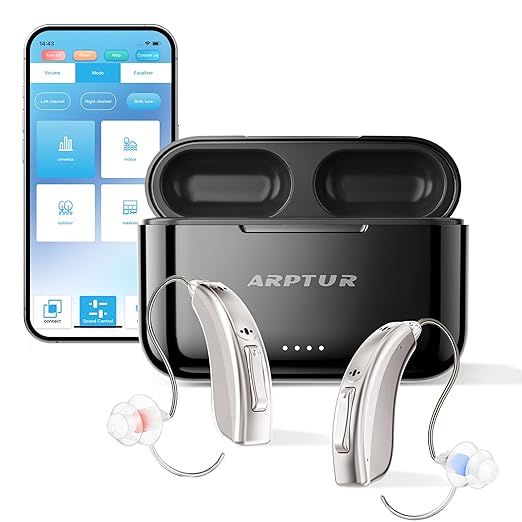 Rechargeable Bluetooth Hearing Aids for Seniors - APP Controlled, Noise Cancelling, Wireless Music Streaming, Hands-Free Phone Calls, OTC Hearing Devices (Gold Violet Clip)