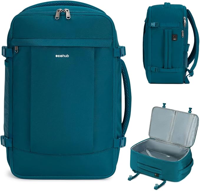 ECOHUB Travel Backpack for Men Women, Carry on Backpack with USB Charging Hole, Spirit Airlines Personal Item Bag Flight Approved, 15.6 Inch Laptop Backpack with Anti Theft Pockets, 30L, Blue Green