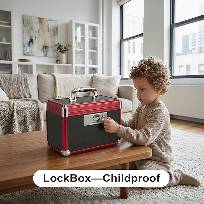 Medicine Lock Box with Key Lock - 12" Hard Case First Aid Safe Medication Storage with Removable Tray & Pockets for Pills, Home, Car & Outdoor - Black Red [with Strap]