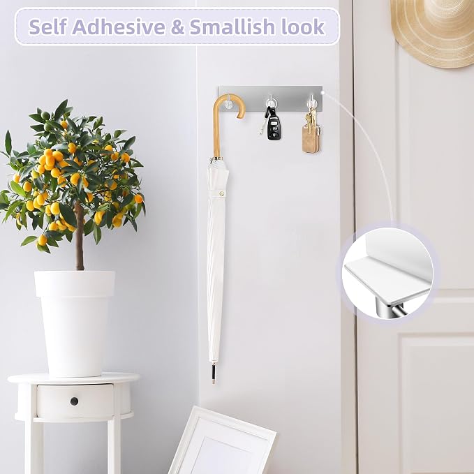 VIS'V Key Holder Wall Mount, Small Adhesive Key Hanger with 3 Hooks, Silver | Metal Material, No Drilling, Extra Adhesive Strip, Suitable for Entryway, Hallway, Doorway, Kitchen, Garage, Camper