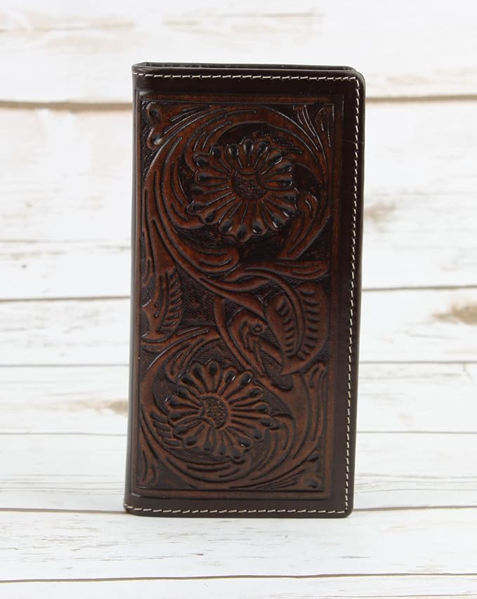 American Bison Arrigo Floral Design RFID Rodeo Wallet for Men – Hand-Tooled Cowhide Leather Wallet with Gift Box (Dark Brown)