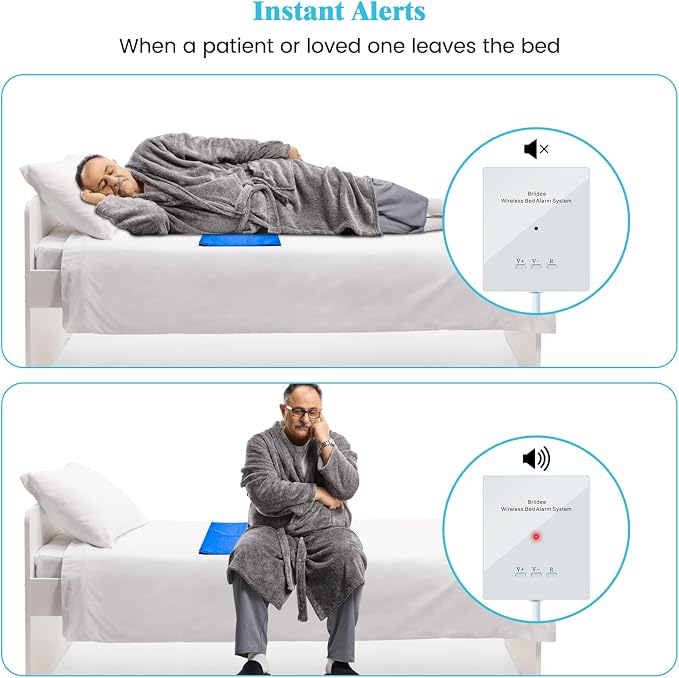Briidea Bed Alarms and Fall Prevention for Elderly with 20'' * 28'' Weight Sensing Bed Pad (Wireless Alarm Included), Adjustable Volume and Long Range Alert for Home Safety