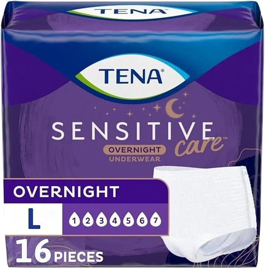 TENA Sensitive Care Overnight Incontinence Underwear for Women, Bladder control, Postpartum, Large, 16 Count (Waist Size 32in-42in)