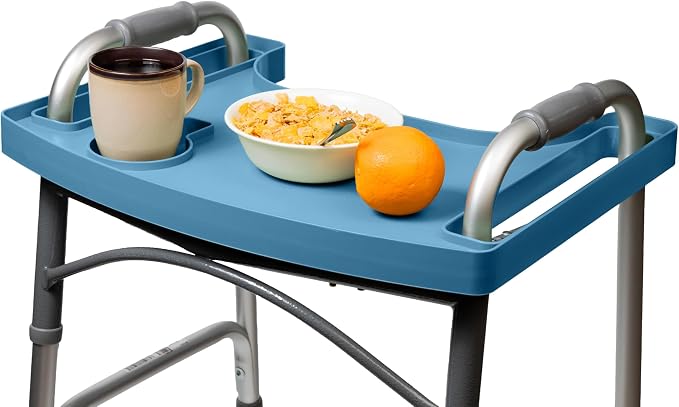 Sigo Blue Walker Tray for Rolling Folding Walker, Tray Table with Cup Holder for Standard Walkers Seniors, Detachable Non Slip TV Accessories Basket Holding Plate Cups Clip On Small Bag Carrier (Blue)