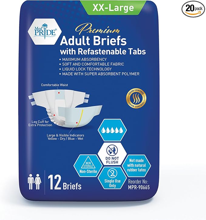 MED PRIDE Maximum Absorbency Adult Briefs for Incontinence with Refastenable Tabs - Ultra-Absorbent Adult Diapers for Men & Women- Bladder Control Unisex Disposable Underwear (XX-Large - Bag of 12)