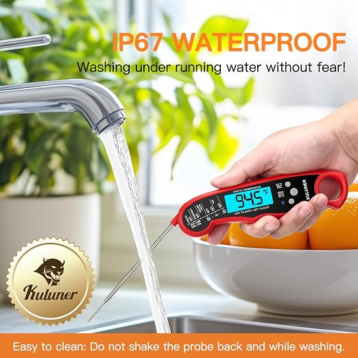 Instant Read Meat Thermometer, Digital Food Thermometer with 4.6" Folding Probe, IP67 Waterproof, Backlight & Calibration, 2-3s Fast Reading for Kitchen Grilling BBQ Cooking Candy - Red