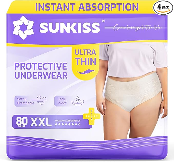 SUNKISS Ultra Thin Incontinence Underwear for Women, High Absorbency & Super Soft Postpartum Diapers, Disposable Adult Pull Ups, XXLarge, 80 Count