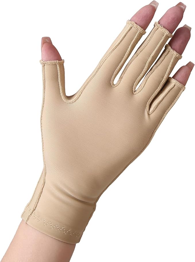 NURCOM Compression Arthritis Gloves Support for Women & Men, Relieve Pain & Swelling from Arthritis, Carpal Tunnel, Tendinitis, Tendonitis, Single Glove for Left & Right Hand,Open Finger Beige X-Large