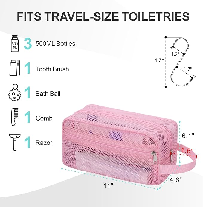Mesh Shower Caddy Portable with Zipper - Toiletry Shower Bag for travel Gym | 2 Pockets, Quick-Dry Mesh, S-Hook, Small Hanging Shower Caddy for Toiletry Essentials, Bathroom & Camping, Pink