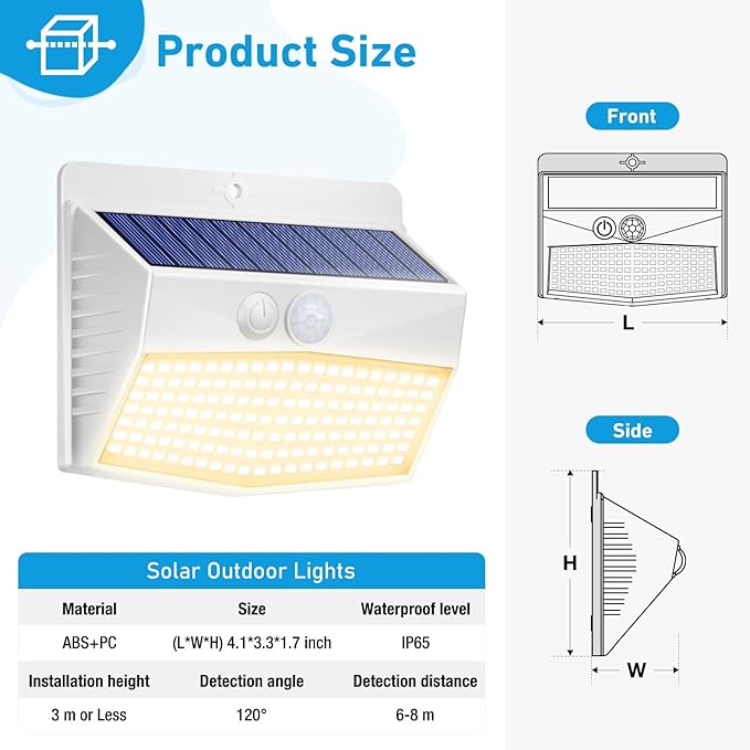 6 Pack Solar Motion Sensor Lights Outdoor Waterproof with 3 Modes | Warm White, White Frame, LED, Solar Powered, Security Lighting for Outside Wall Garden Fence Yard Deck Patio Garage
