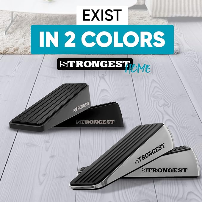 STRONGEST HOME Stoppers for Bottom of Door – Heavy Duty Metal Rubber Door Stopper, Non-Slip Door Stop for Heavy Doors, Works on Wood, Tile & Carpet Floors Wedge Chrome 4 PCs + 4 White Wall Protectors