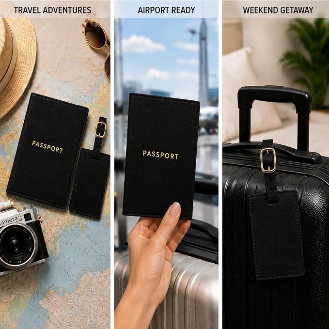 Eccolo Passport Cover Holder And Luggage Tag Set In Gift Box, Saffiano Classic Black | Faux Material, Adjustable Buckle Strap, Privacy ID Window, Slim Lightweight Build for Easy Carry