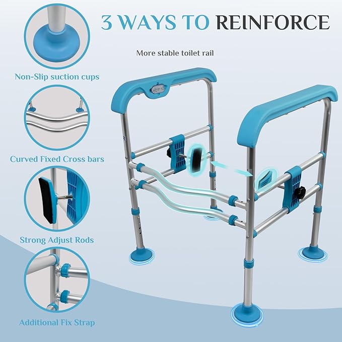 Heavy Duty Aluminum Toilet Safety Rails for Seniors,Adjustable LED Toilet Safety Frame for Elderly,Adjustable Height & Width Safety Rails Support for Most Toilets,Stand Up Assist,665lbs