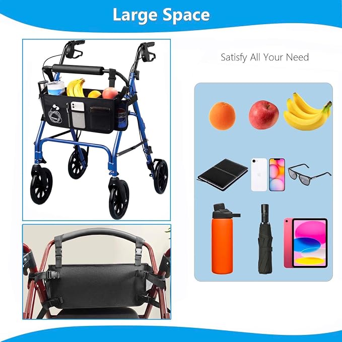 Upgraded Walker Basket Walker Accessories with Cup Holder, Fit for Walker and Roller Walker Baskets Most Walkers- Folding Walker,High-Capacity & Anti-Tip Base-Ideal Elderly Gift for Home