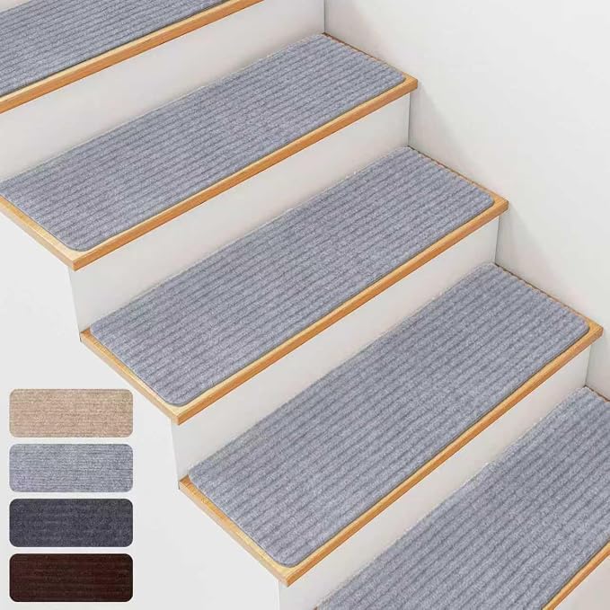 15 PCS Non Slip Stair Treads for Wooden Steps – 8"x30" Indoor Non Slip Stair Treads, Carpet Stair Mats with Self-Adhesive Backing, Removable & Machine Washable – Light Grey