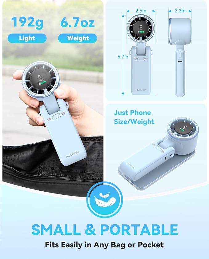 PlayHot Portable Handheld Turbo Fan, Travel Essentials, Gifts for Women/Men | 5-Speed, Up to 12H, 10m/s Airflow, USB-C Rechargeable, LED Display, 3-in-1 Foldable Personal Fan for Cruise, Beach, Vacation