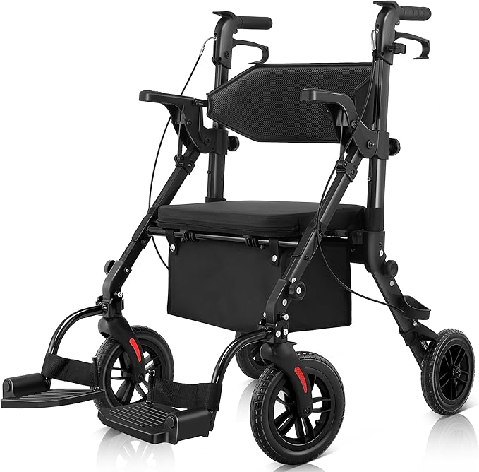 Rollator Walkers for Seniors with Seat, Walker Wheelchair Combo, 2 in 1 Rolling Walker Transport Wheelchair Lightweight Foldable, 10" Big Wheels Transport Chair with Brakes,Black