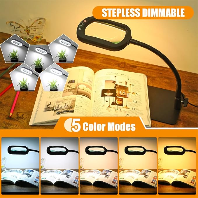 Veemagni 13X Rectangle Magnifying Glass with Light and Stand, Flexible Gooseneck LED Lighted Desk Lamp, 5 Color Modes Stepless Dimmable, Hands Free Magnifier for Reading Crafts Painting Close Work