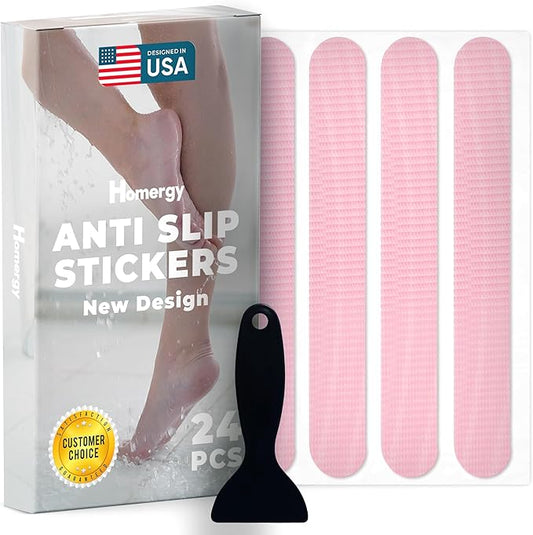 Anti-Slip Shower Stickers - Help Reduce Slipping in Bathtub & Shower, Pink Non-Slip Bath Strips, Strong Adhesive Bathtub Appliques Suitable for Homes with Kids, Adults & Seniors - 24 Pcs - Homergy