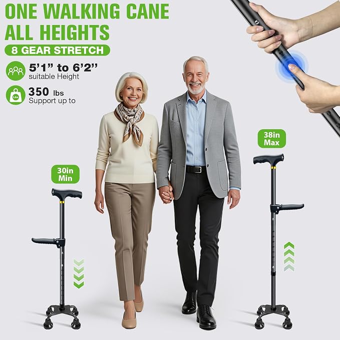 Walking Cane with LED Light for Women Men,Adjustable Folding Walking Canes for Seniors Balance(350LB),Large Base 4 Prong Quad Cane for Extra Stability,Self Standing Walking Stick with Light&2nd Handle
