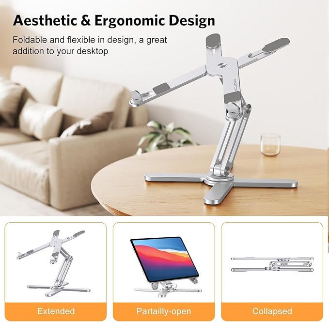 OMOTON LA10 360° Rotating Laptop Stand Riser Foldable for Desk, Silver | Aluminium Aolly, Adjustable Height Angles, Collaborative Work, Easy Storage, Fits Laptops up to 17", for MacBook Pro/Air HP