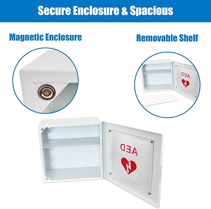 Wall Mounted AED Storage Cabinet, Steel AED Defibrillator Cabinet with Clear Viewing Window, Non-Alarmed Emergency AED Holder for Offices, Schools, Gyms & Public Spaces, White