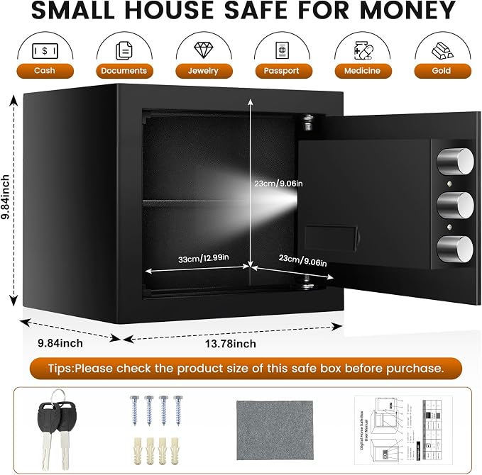 Home Safe Box, Safes with Fireproof Waterproof Bag, 9.84'' H Anti-Theft Digital Security Lock Box with Smart Alert System, Removable Shelf, Mute Function, Document Safes for Jewelry
