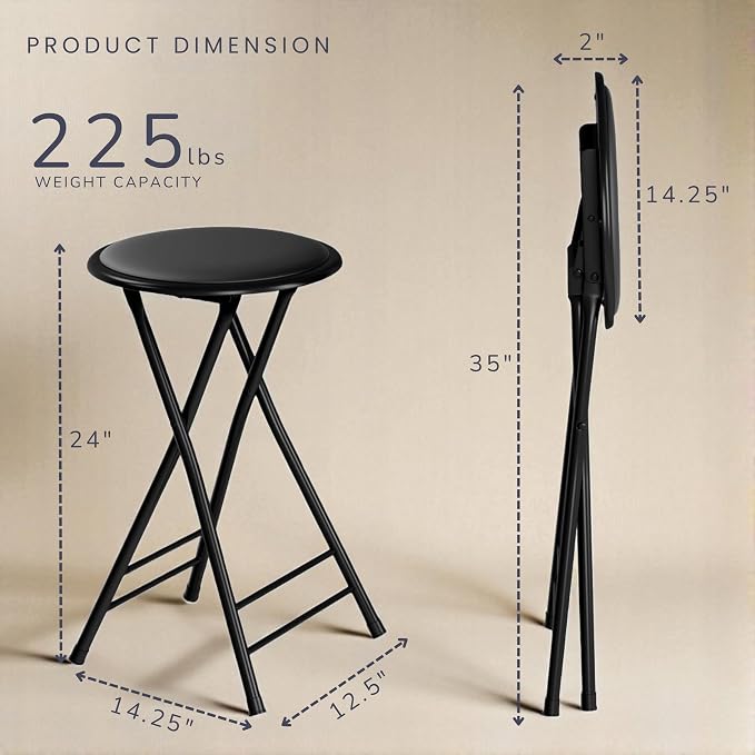 Lavish Home Folding Stool with Padded Backless Seat Set of 4, Black, 24” | Counter Height Bar Stools with 225lb Capacity, Portable Indoor & Outdoor, Extra Seat for Kitchen, Rec Room or Camping