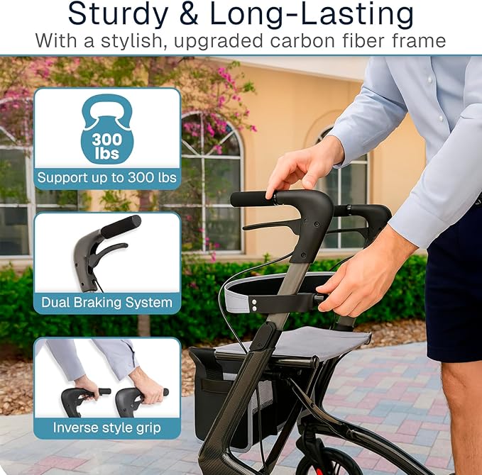 Vive Mobility Carbon Ultralight Rollator Walker - 4 Wheel Lightweight Carbon Fiber Walker for Seniors with Seat - All Terrain, Foldable, Height Adjustable - 300 lbs Weight Capacity, Mobility Aid