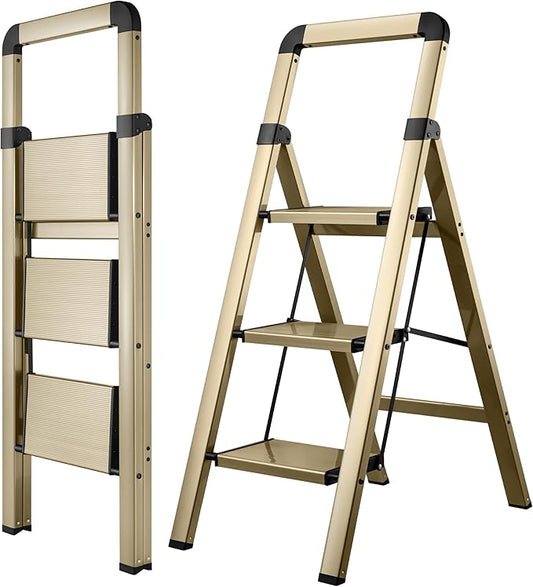 Step Ladders Folding 3-Step Champagne Gold Finish Aluminum Foldable Step Stool,Anti-Slip Portable Sturdy for Home & Kitchen Office 330 lbs