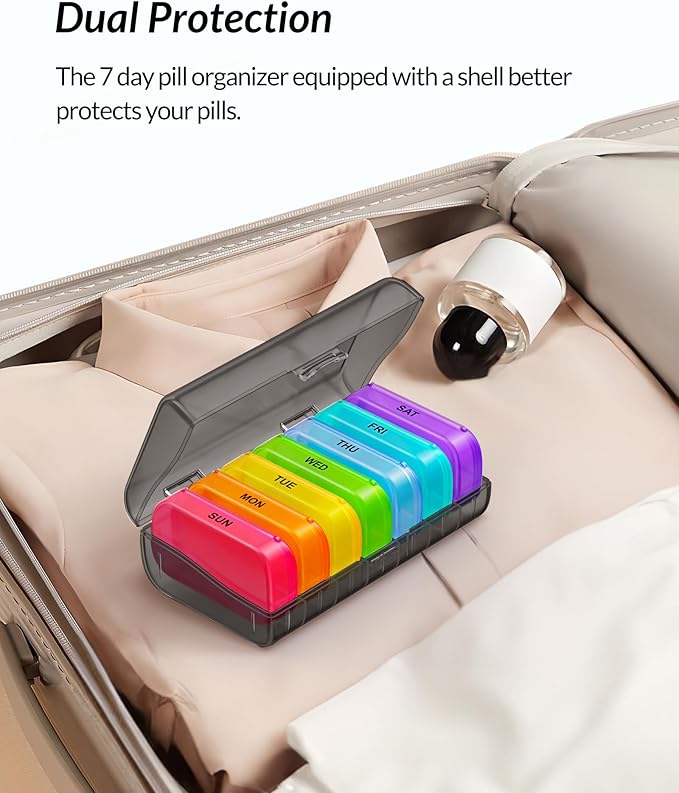 ZIKEE 7 Packs Extra Large Pill Organizer, Portable Pill Box 7 Day for Pocket, Purse, Weekly Pill Case with Dual-Protection Design, Pill Container for Medication, Vitamin, Fish Oil, Supplement, Black
