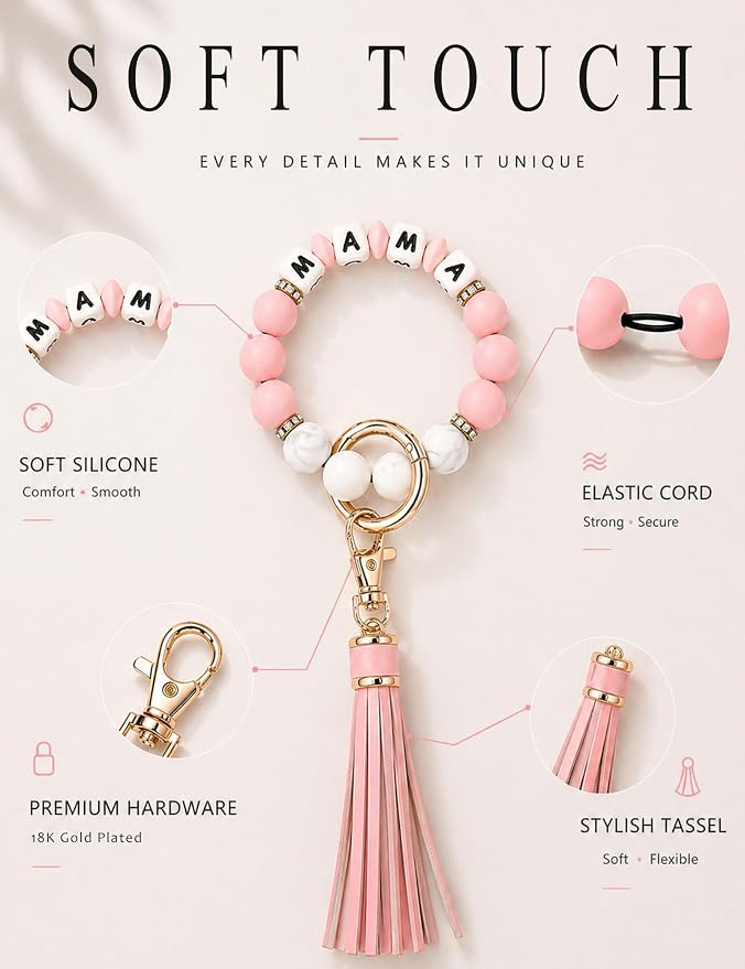 BAOSIWA Silicone Beaded Bracelet Keychain Wristlet Key Ring Bangle Chains for Women with Leather Tassel