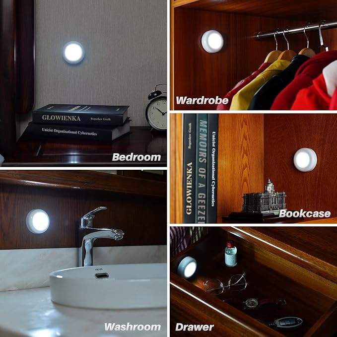 STAR-SPANGLED 2.8” LED Motion Sensor Light Indoor AAA Battery, 6 Pack White | Stick on Puck Light Battery Operated, Round Motion Activated Night Lamp, For Closet Stairs Under Cabinet Kitchen Pantry Shelf