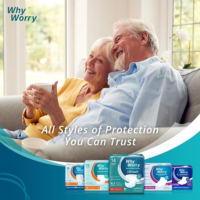 WhyWorry Ultimate Adult Diapers for Men and Women, Disposable Adult Briefs for Incontinence, Incontinence Briefs with Tabs, Ultimate Absorbency, Odor Control, XLarge, 56 Count (4 Packs of 14)