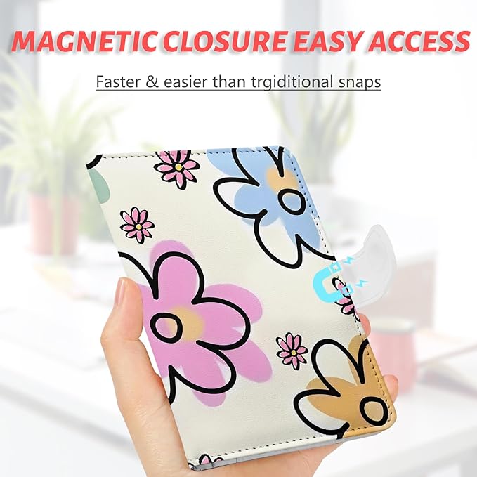 Passport Holder, Cute Travel Wallet Cover with RFID Blocking,flower | PU leather travel wallet with magnetic closure, card slots, pen loop, and easy access for passports and essentials.