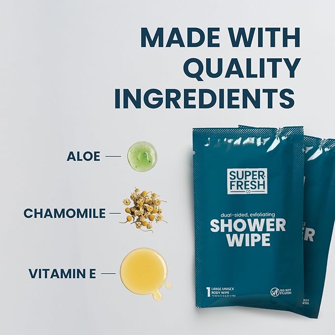 Super Fresh Body Wipes, Large Unscented Shower Wipe for Adults Men Women Kids, Personal Hygiene Cleansing Cloth Enriched with Aloe and Vitamin E, Individually Wrapped 10 Pack, Travel Essentials