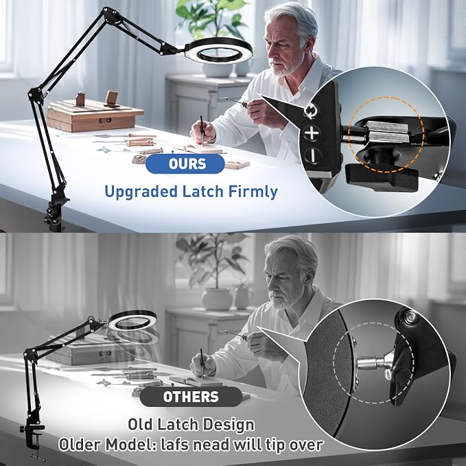HITTI 12X Ultra Long Magnifying Glass with Light and Clamp, Swivel Arm | 5 Color Modes Steepless Dimming LED Desk Lamp, Hands Free Lighted Magnifier Stand for Workbench, Cross Stitch, Hobby