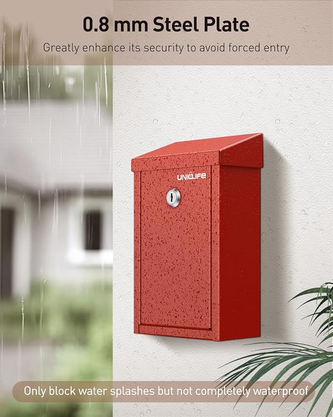 Uniclife Red Metal Donation Box, Wall Mounted Mailbox for Outside | Safe Suggestion Box with Key Lock, Steel Key Drop Box for Outside, Cash Box for Home Office and Business
