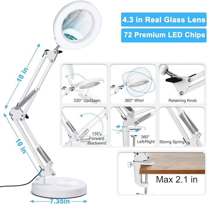12X Magnifying Glass with Light and Stand, 5 Color Modes Stepless Dimmable 2-in-1 Lighted Magnifier with Clamp, LED Desk Lamp Hands Free for Crafts Hobby Reading Painting Sewing Close Work White