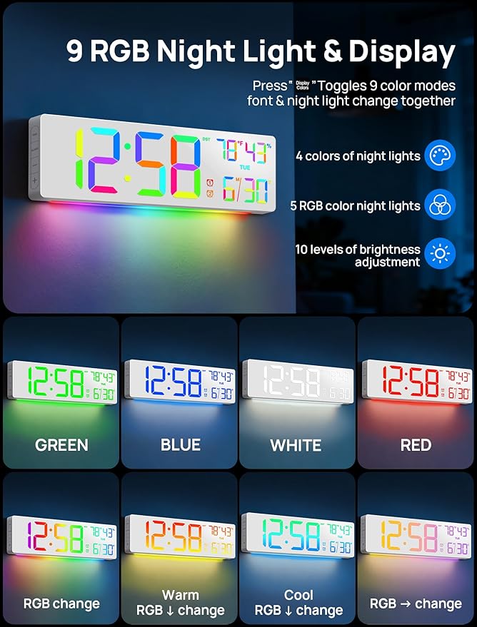 18.5" Large Digital Wall Clock with Remote Control, Big LED Display Digital Clocks with Night Light, Alarm, DST, Temp, Date for Living Room, Bedroom, Office, Classroom, Gifts for Seniors(White)