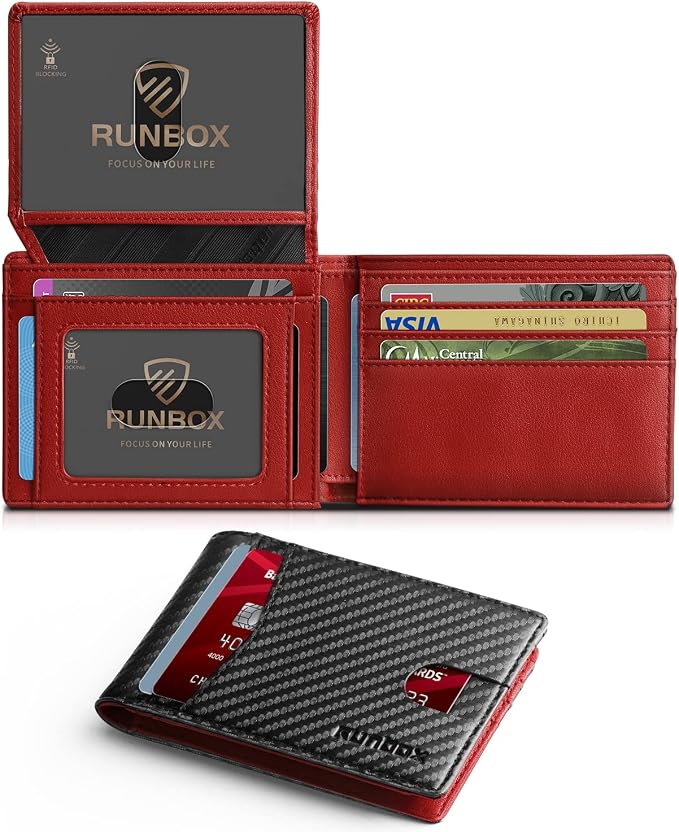 RUNBOX Wallet for Men -Slim Rfid Leather Mens Bifold Novelty Wallets 2 ID Window With Gift Box Men's Accessories | Minimalist Front Pocket Design, Holds 15 Cards, Large Capacity with Cash Pocket,Compact and Thin, Birthday Gifts for Men