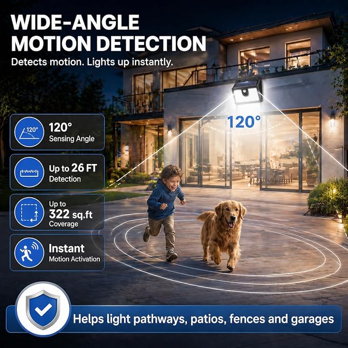 [6 Packs] Solar Motion Sensor Outdoor Lights, Super Bright Solar Lights Outdoor Waterproof, 3 Lighting Modes Security Wall Light for Outside Walking Dog Fence Backyard Deck Garden Door Step Garage