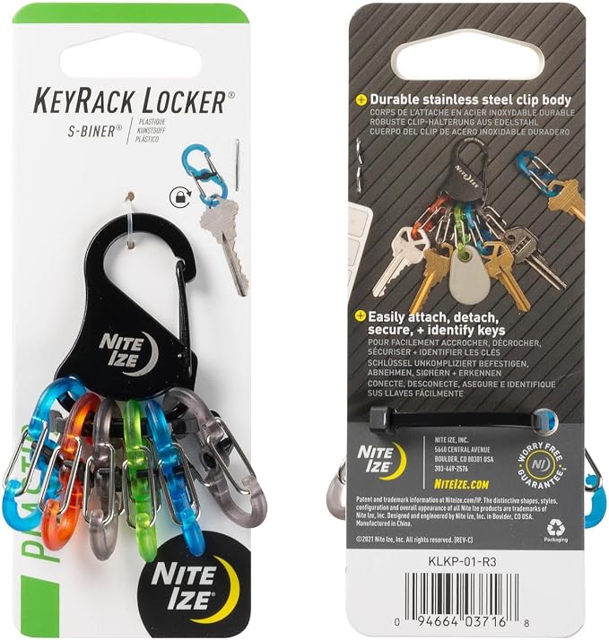 Nite Ize KeyRack Steel S-Biner - Plastic Key Carabiner Organizer with 6 S-Biners - Keychain Accessories to Hold Keys Securely and Separately